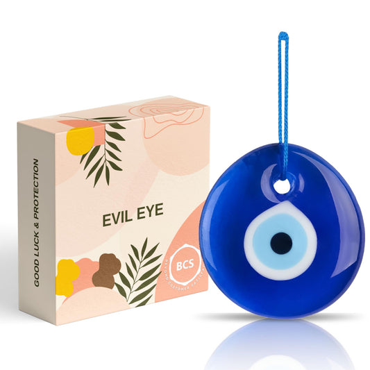 BCS Blue Evil Eye Decor 2.8" Wall Hanging Ornament Glass Handmade Turkish Greek Nazar Amulet Good Luck and Protection Charm for Home, Office, Garden, Door Ojo Turco (in Box)