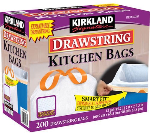 Kirkland Signature Heavy-Duty 13 Gallon Drawstring Kitchen Trash Bags - 200 Count, 100% Recyclable, White