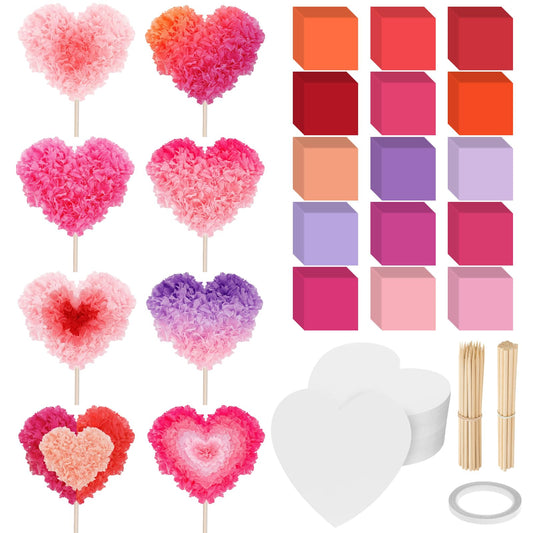 Glenmal 9097 Pcs/24 Set Valentine's Day Craft Kit Heart Shape Poke Art Flower Bouquet Kits with 9000 Tissue Paper Squares 48 Heart Paper Cut for Adults Valentine's Day Activities DIY Craft Supplies