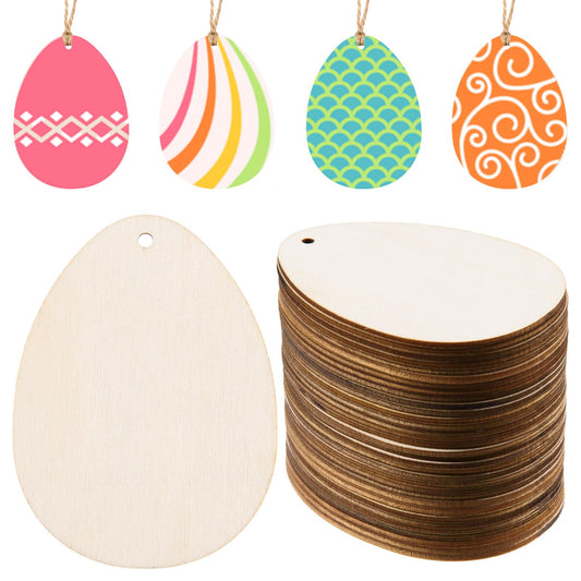 AWIZOM 120 Pcs Unfinished Wooden Easter Egg Ornaments Wood Egg Cutouts with Hole Blank Wooden Slices Easter Hanging Decorations with Twine for DIY Crafts PresentTags Spring Party Decor,3.15x2.36