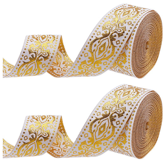 GORGECRAFT 15 Yards x 1.3 Inch Jacquard Ribbon Metallic Gold Ethnic Embroidered Woven Satin Roll Double Side Boho Fabric Floral Sewing Webbing Wrapping Strap Trim for DIY Crafts Home Curtain Decor