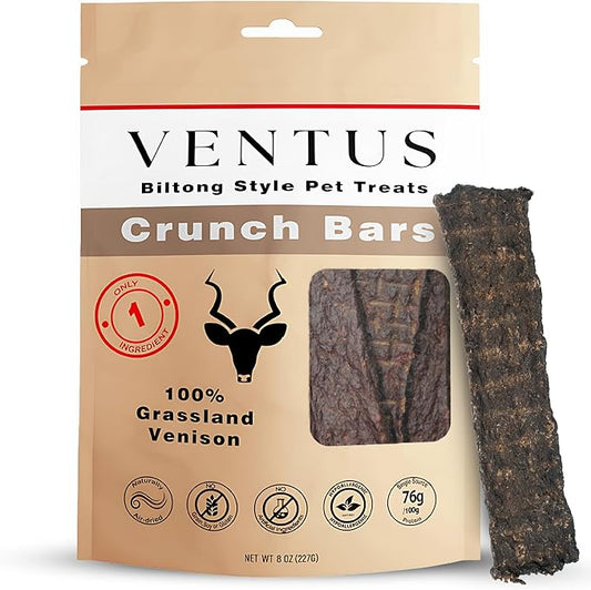 VENTUS Jerky Crunch Bars - Single Ingredient Venison Jerky Dog Training Treats, Healthy Air Dried, High Protein, No Additives, Grain Free Dog Treat, 8 oz