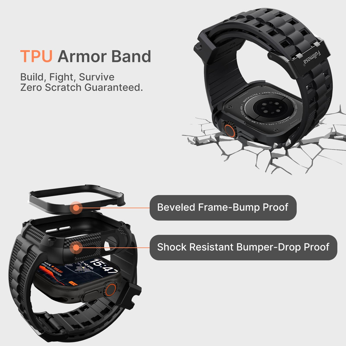 Fullmosa Compatible with Apple Watch Bands 49mm Ultra3/2/1, Rugged Apple Watch Strap Ultra with Military Grade Shockproof Bumper Case & Screen Protector for Men Women, Black