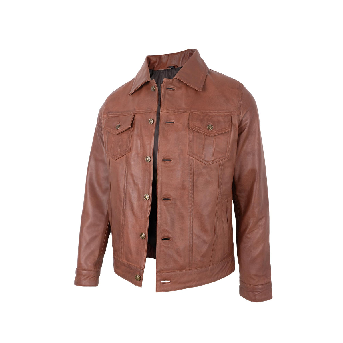 UrbanFocal Mens Brown Leather Jacket - Real Lambskin Classic Trucker Leather Jackets Men | [101002505] F.Trucker Cognac, XL