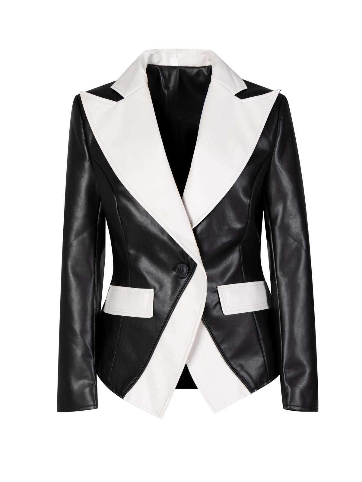 SS-Sunrise Fashion Women's PU Faux Leather Blazer, Black and White Color Block, Single Button, Notched Lapel, Small