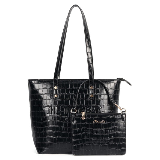 Chinllo Tote Bag for Women, Large Crocodile Top Handle Handbags Purse Set with Clutch Bag (Dc.Black)