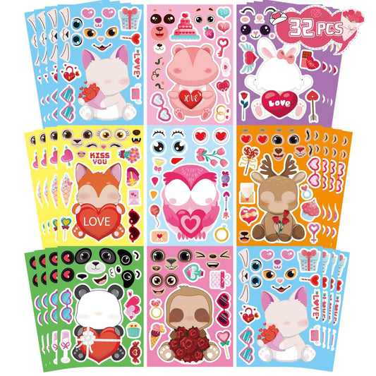 32 Sheets Valentine Stickers for Kids, Valentine's Day Make a Face Stickers, Make Your Own Stickers 8 Designs of Animal Owl Rabbit Bear Stickers for Boys Girls
