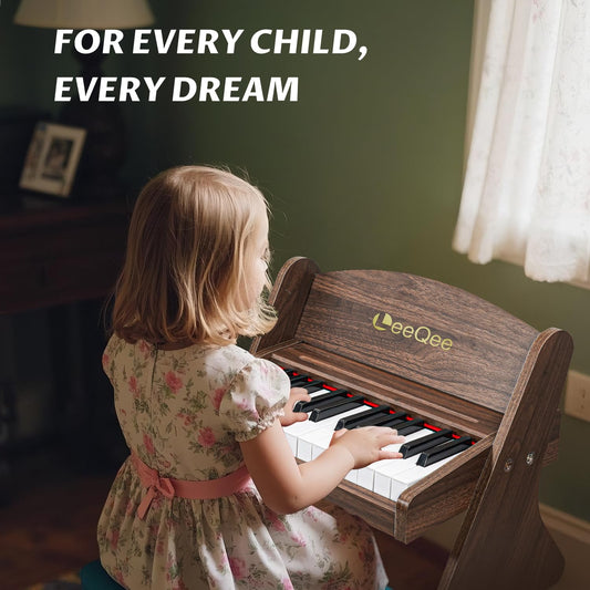 LeeQee Baby Piano for Toddlers, 25 Keys Wooden Piano for Kids with Volume Control, Mini Digital Music Educational Instrument Toy, Dual Power Mode Portable Wood Piano for 3+ Year Old Girls Boys