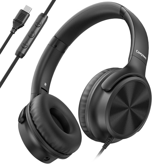 15/16/17, Cowyawn USB C Headphones Wired, Over Ear USB C Wired Headphones with Microphone, Volume Control, HD Stereo