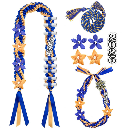 Craftsatin 2026 Graduation Money Leis with Honor Cord Class of 2026 Graduation Ribbon Money Leis Double Braided Handmade Necklace Kit for for High School College Grad Party Supplies (Blue Dark Gold)