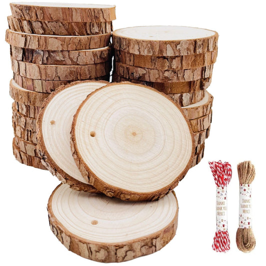 Unfinished Natural Wood Slices 30Pcs 2.75-3.1 inch Wood Coaster Pieces Craft Wood kit Predrilled with Hole Wooden Circles Great for Arts and Crafts Christmas Ornaments DIY Crafts Rustic Wedding
