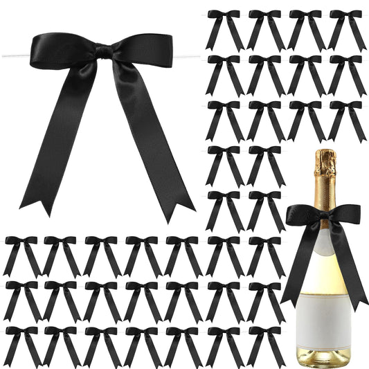 Riceshoot 50 Pcs Black Satin Ribbon Bows 5x7 Inch Large Twist Tie Bow for Gift Wrapping Champagne Bottle Balloon Treat Bag DIY Craft Decor Wedding Bridal Baby Shower Birthday Holiday Party