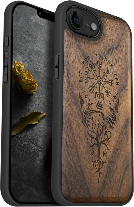 Carveit 16e 17e, Magnetic Wooden Case for iPhone / Solid Wood & Black TPU, Artisan Engraved Design, Shockproof Cover