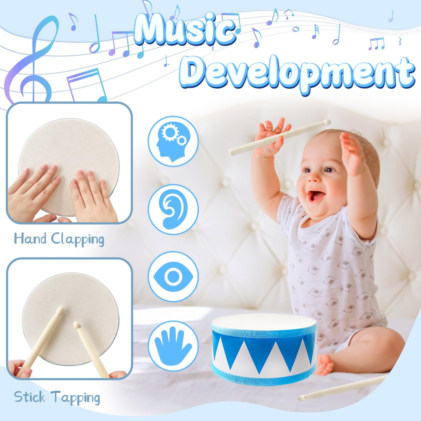 Kids Drum Set,8 Inch Wooden Drum Toys,Educational Baby Musical Toy with an Adjustable Strap and 2 Drumsticks,Sensory Musical Instrument Toys for Toddler,Kids,Boys & Girls