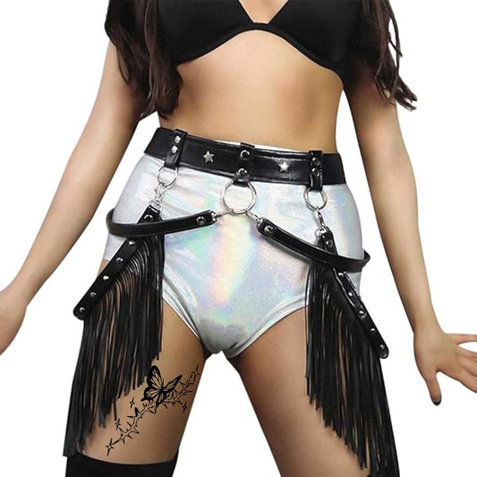 Body Harness Belt for Women | Leather Fringe Tassel Waist Chain | Gothic Cowgirl Western Chaps Style Belt | Rave Party Festival Nightclub Costume Accessories