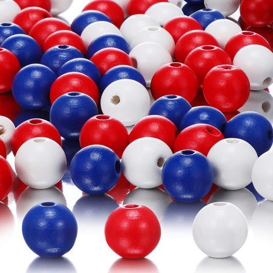 WILLBOND 120 Pieces Patriotic Wooden Bead Red White Blue Beads Independence Day 4th of July Loose Craft Beads for DIY Jewelry Garland 250th Anniversary Home Decoration(16 mm,Simple Pattern)