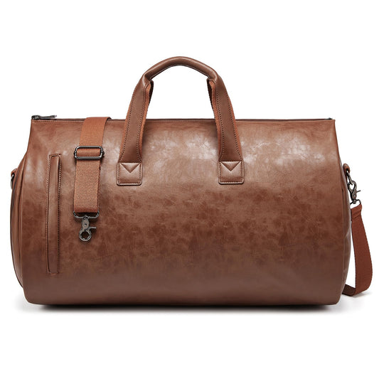Leather Garment Bag，Convertible Garment Duffel Bag for Travel Mens Suit Bag 2 in 1 Waterproof Foldable Carry on Garment Bag with Shoulder Strap Weekender Bag with Shoe Pouch