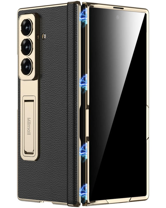 Miimall Leather Case for Samsung Galaxy Z Fold 7 with Stand,[Built-in Privacy Screen Protector and Magnetic Hinge Protection][Wireless Charging] Sturdy Luxury Bumper Cover for ZFold 7 Case Gold Black
