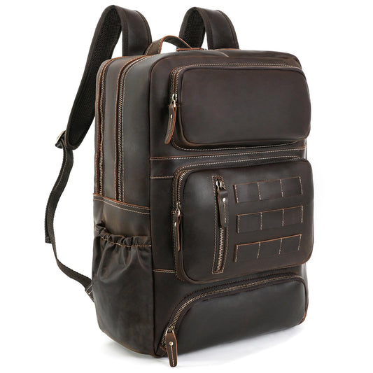 Full Grain Leather Backpack for Men, 17” Laptop Shoulder Bag, Large Capacity Travel Business Rucksack with YKK Zippers, Ergonomics S-Shape Padded Straps, Multi Pockets, Water Bottle Pocket, Brown