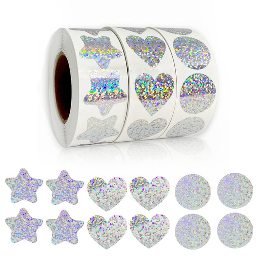 Valentine's Day Holographic Glitter Stickers Roll -1500 Pcs Star/Heart/Circle Shapes, Iridescent Self-Adhesive Decals for DIY Crafts, Scrapbooking, Laptop & Water Bottle Decor