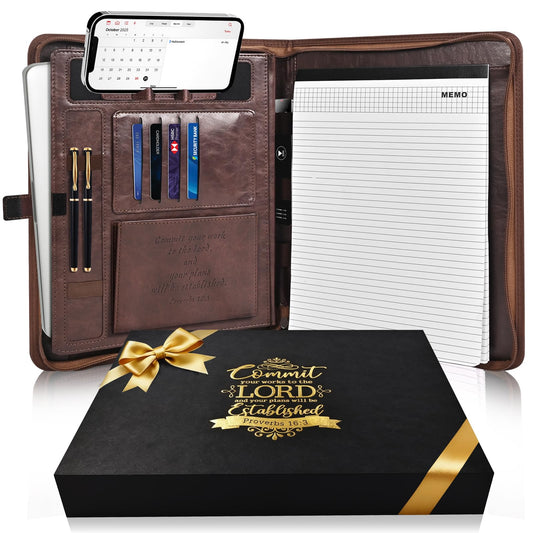 Leather Portfolio for Men, Christian Religious Gifts for Men with Laptop Pocket, Padfolio Binder Folder with Zipper for Women, Business Large Organizer Case for Bible Notebook Notepad Phone (Brown)
