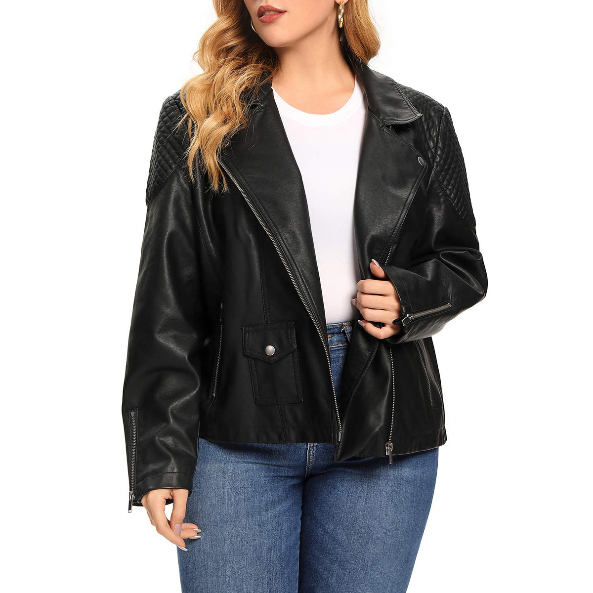 S P Y M Womens Faux Leather Jacket, Moto Biker Coat, Quilted Zip Up Outwear