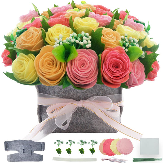 DIY Felt Flower Art Craft Kit, DIY Rose Pot Bonsai Kit, Beginner Floral Gifts - Arrange Pre-Cut Flowers and Foliage - Red, Pink, Yellow
