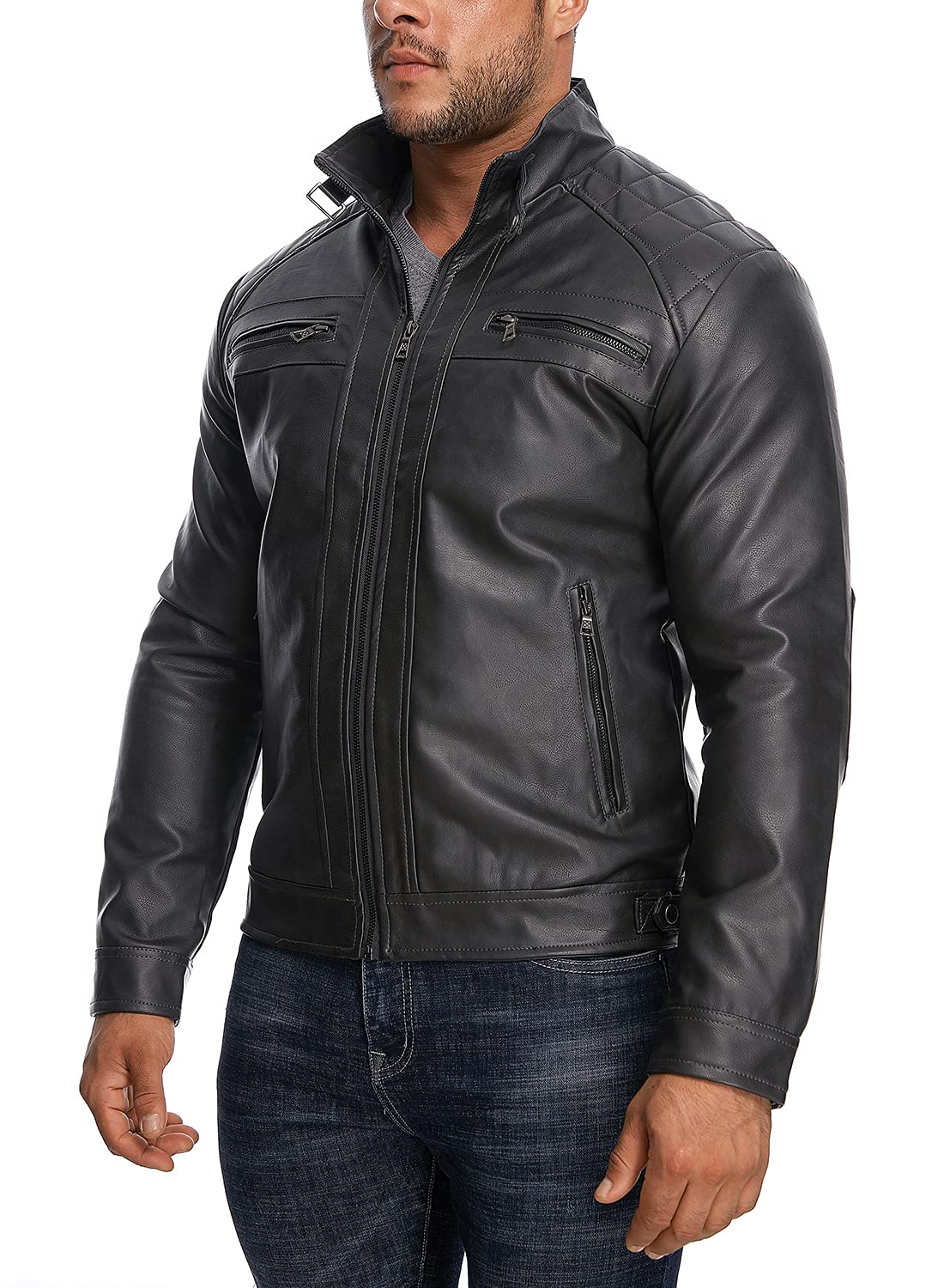 HOOD CREW Men’s Stand Collar Leather Jacket Casual Faux Leather Motorcycle Jacket Outerwear Coat with Zipper Pockets Black XL