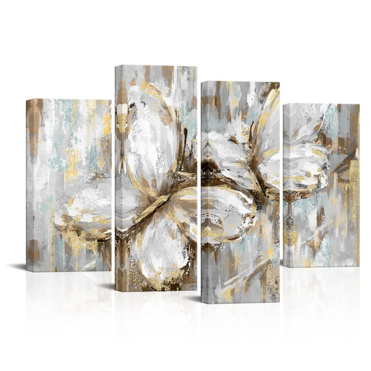 Biuteawal 4 Panel Abstract Butterfly Canvas Wall Art Cute Animal Picture Prints Modern Gold and Blue Painting Still Life Artwork Home Bedroom Living Room Decor Gallery Wrap