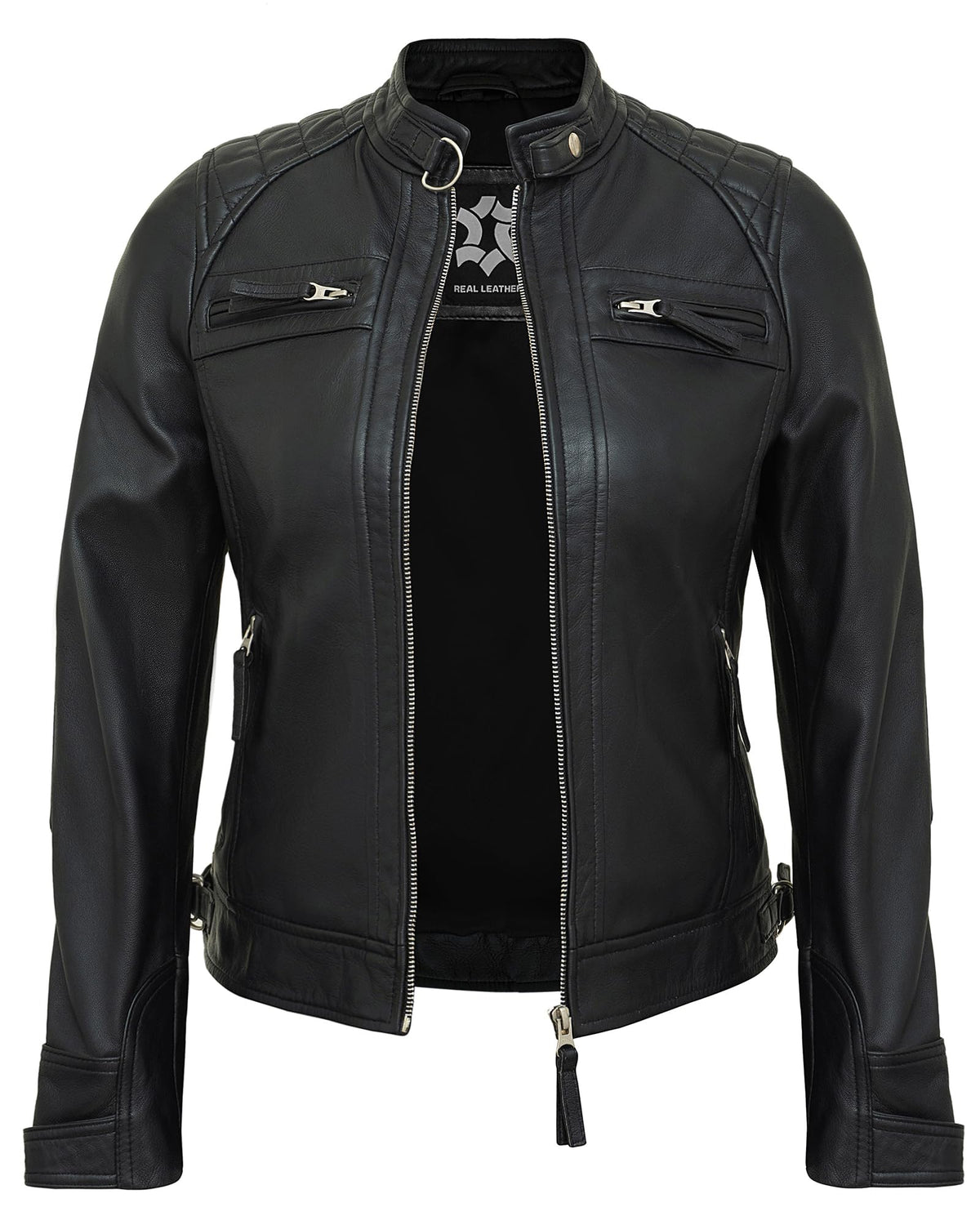 UrbanFocal Womens Leather Jacket Black - Real Lambskin Leather Motorcycle Jackets Women | [101002705] Black Diamond1, XL