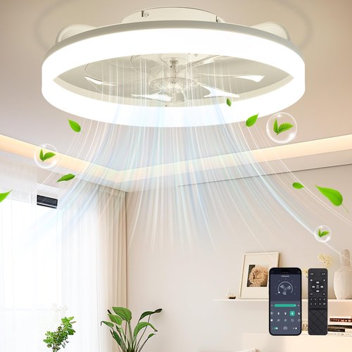 Ceiling Fans with Lights and Remote Fandelier - White 20'' Flush Mount Low Profile Modern Ceiling Fans for Bedroom - Stepless Color Temperature and 6 Speeds, White