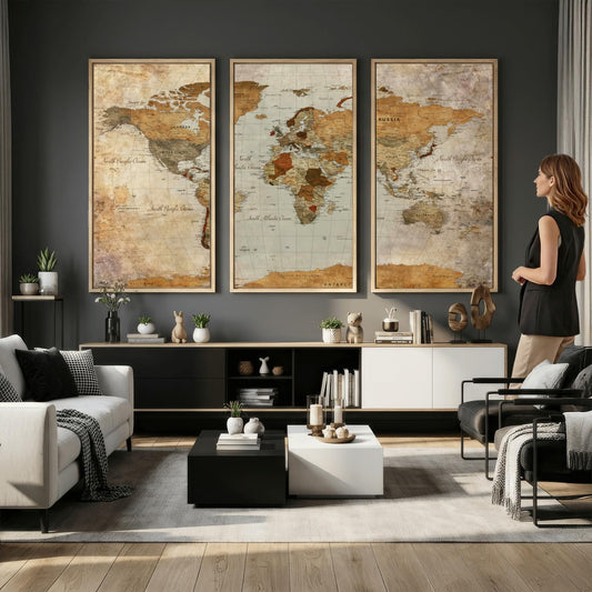 Framed Vintage Political World Map Canvas Wall Art Detailed Antique Gold Framed Geographic Print Office Decor