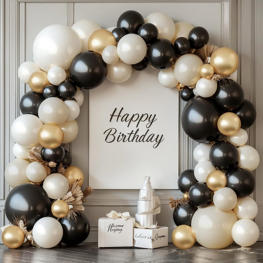 Black White Gold Balloon Arch Kit,Double Stuffed Pearl Sand White Balloon Garland Different Sizes 18/12/5 Inch Chrome Cream Balloons for Graduation Wedding Birthday Bachelorette Party Decorations