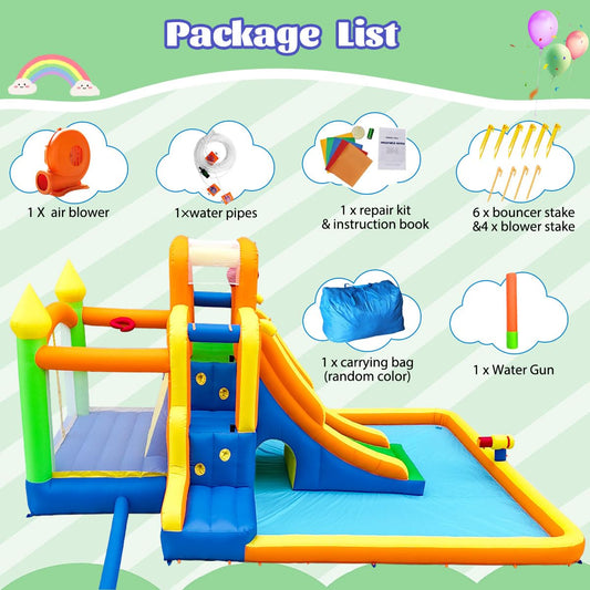 Umbalir 19x13FT Water Slide with 3 Climbing Walls, Jumbo Pool, Water Park with 2 Stair-Steps & Back Rock Wall, 2 Overhead Sprinklers & Water Cannon, 99" Long Slide, Multi-Kid Racing Bounce House