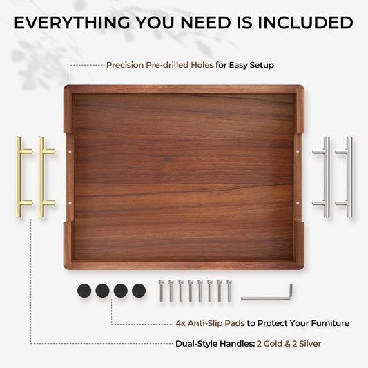 ZENPTIA Acacia Wood Serving Tray with 2 Sets of Handles (Gold & Silver) - 17" Large Wooden Tray for Ottoman Coffee Table, Decorative Tray for Living Room & Kitchen - Solid Wood Table Topper