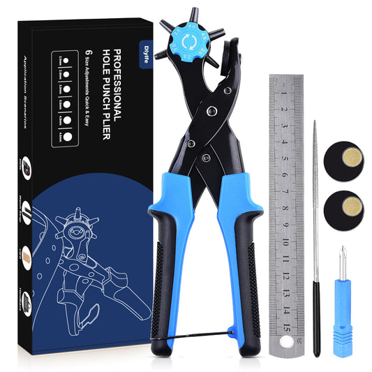 Diyife Professional Leather Hole Puncher, Full Set Punch Tool Kits for Belt, Watch Band, Shoe, Crafting, Handbag Straps, Fabric, with Extra Punch Plates and Ruler, Multi Hole Sizes Make - Blue