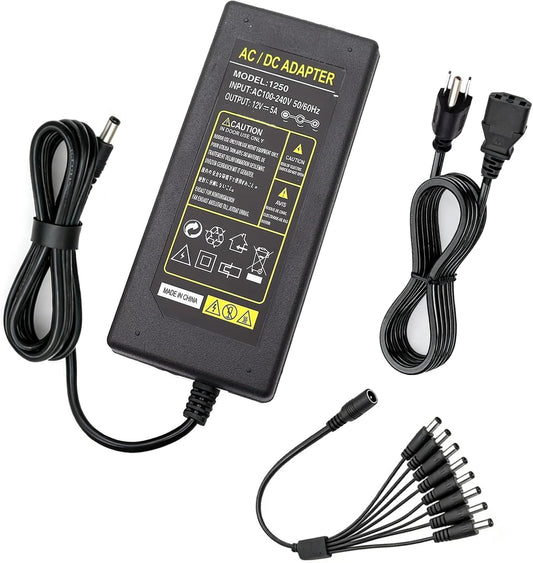 Tnuocke 3-Prong Adapter,12V 5A 100V-240V 8-Way Security Camera Power Camera Power Adapter Power Splitter Cable