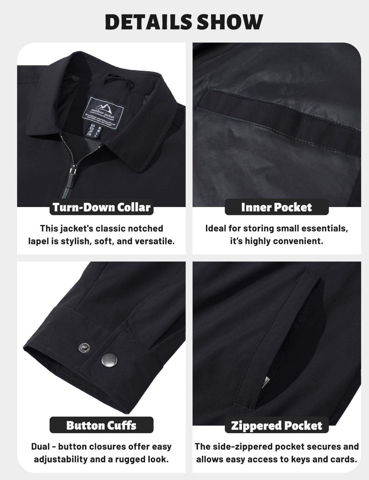 TACVASEN Men's Black Jacket Full Zip Windbreaker for Golf Business Work