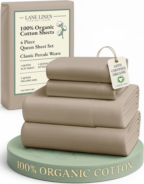 Lane Linen 100% Organic Cotton Sheets Set - Pure Long-Staple Percale Weave, Queen Size, Taupe