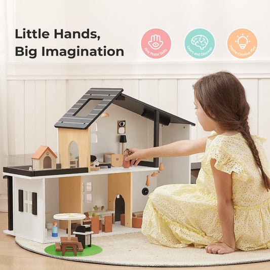 OOOK Wooden Dollhouse, Modern Doll House with 66Pcs Luxurious Furniture Accessories, Including Dolls and Pet Sets, Wood Dollhouse Toy for Boys and Girls 3+