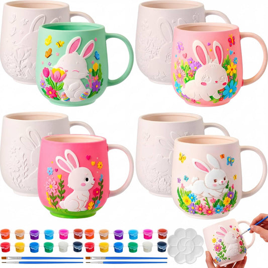 Zubebe 4 Sets Easter Paint Your Own Mugs Craft Kit, Bunny Ceramic to Paint, DIY Mugs for Adults, Festive Coffee Tea Cup for Adults with Painting Set for Easter Basket Stuffers Family Party Favors Gift