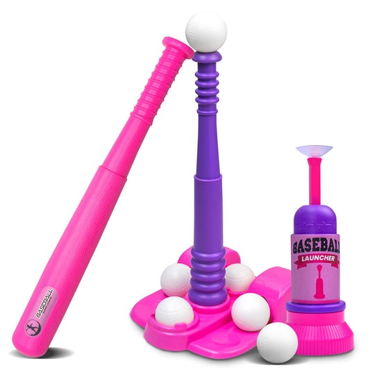 T Ball Stand for Kids and Toddlers 1-3, 3-5, 5-8. Baseball Set Includes 6 Large Balls, an Adjustable Tball Batting Tee, and a Pitching Machine. Kids Bat and T-Ball Set