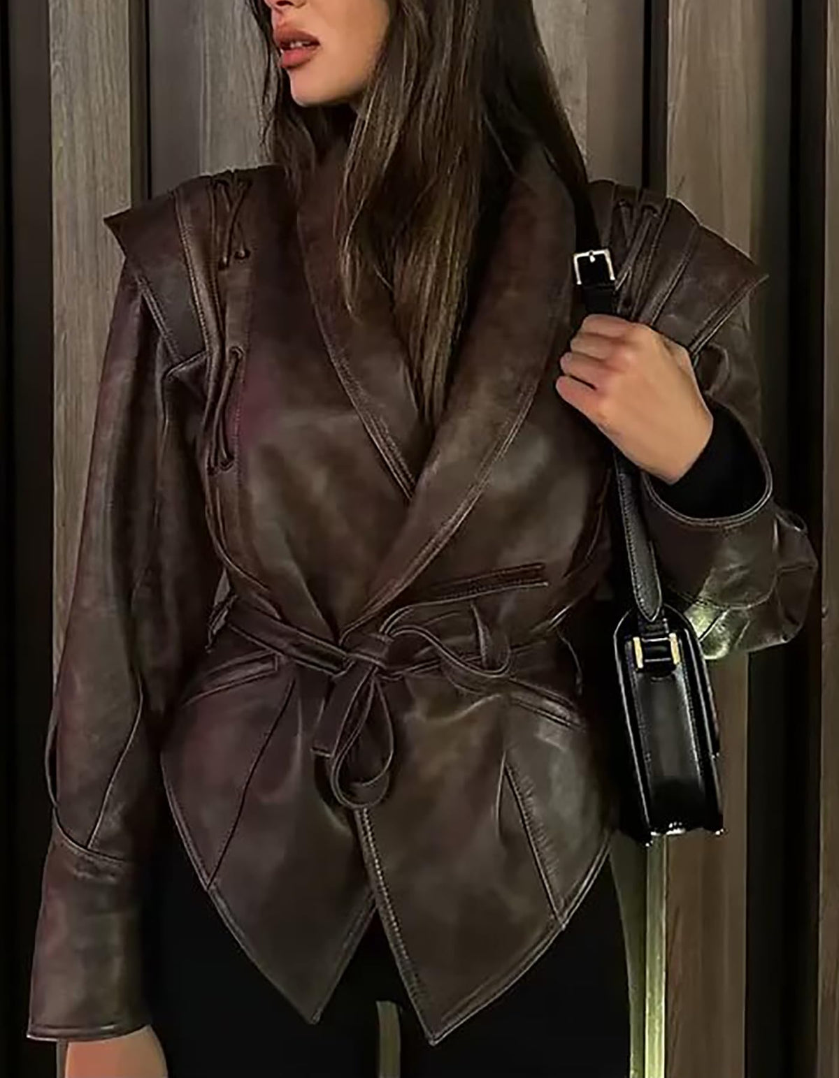LETSVDO Leather Jacket Women Faux PU Oversized Lace Up Asymmetrical Belted Motorcycle Bomber Coats Fashion Fall Clothes