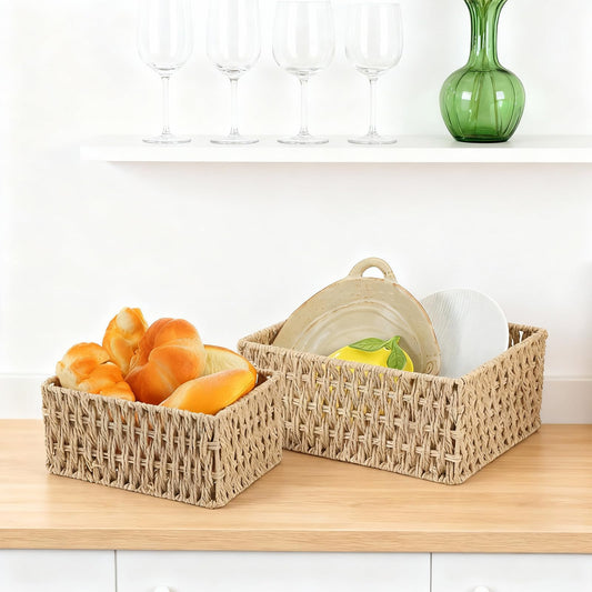 3 Pack Wicker Baskets for Organizing, Toilet Tank Basket for Bathroom, Hand-Woven Paper Rope Wicker Baskets, Toilet Paper Storage Basket for Toilets Tank Top for Shelves