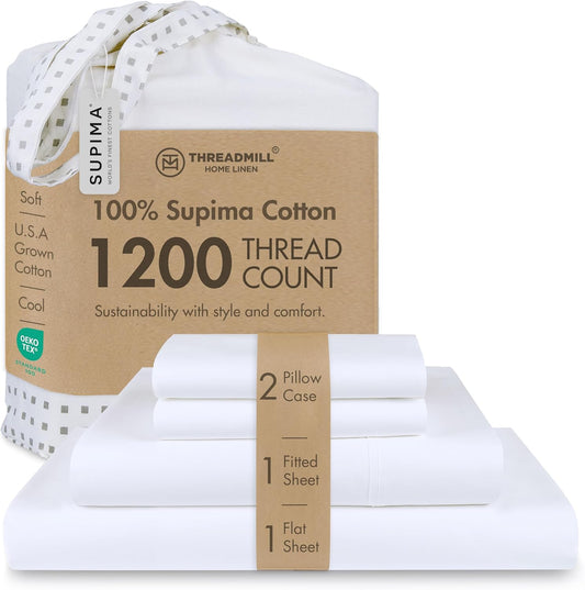 Threadmill 100% American Certified Supima Cotton King Size Sheets - 1200 Thread Count, Ultra Luxury Sateen, 4-Piece Set - White