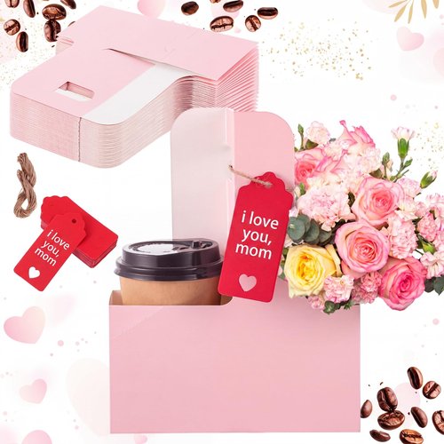 MotiMind 20 Pack 2 Cup Drink Carrier with Handle Kraft Paperboard Cup Holder Portable for Mother's Day Teachers' Day for Hot Cold Drinks Coffee Caddy with Heart Card Rope (Pink)