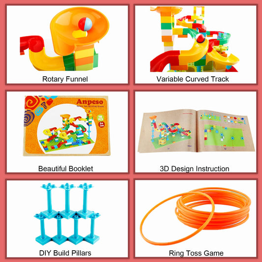 Anpcso Marble Run Building Blocks for Kids Age 3-8, 128 Pcs STEM Building Bricks Set with Toss Ring Game, Educational Learning Toys for Toddlers Boys Girls Gifts- Compatible with All Major Brands
