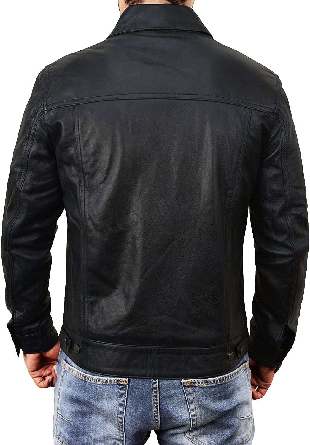 STOREJEES Mens Trucker Jacket - Chaqueta De Cuero Para Hombre | Trucker Black - L