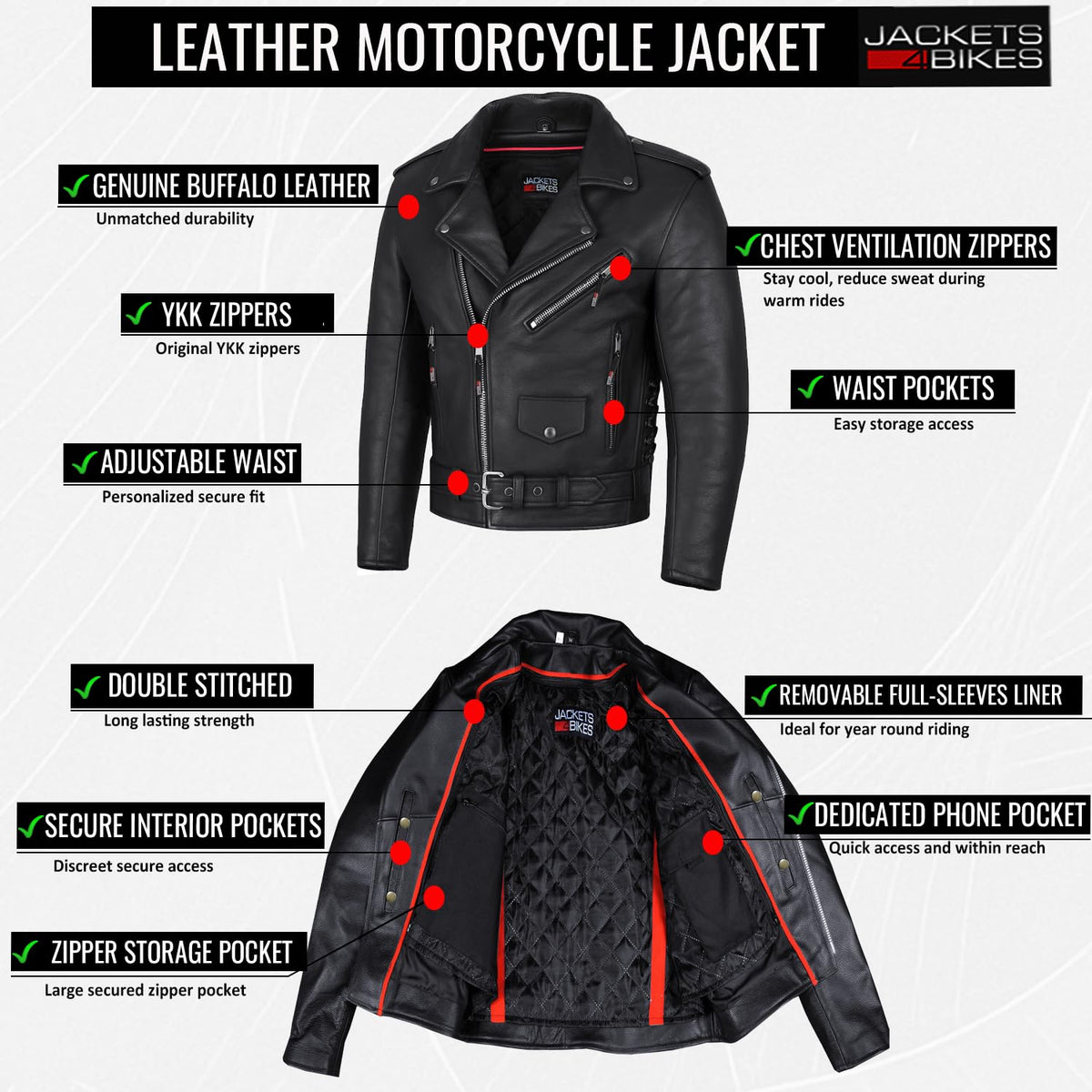 ICONIC Motorcycle Jacket for Men, Premium Buffalo Leather, Insulated Liner, Classic Side Laces, Cruiser Biker Black S
