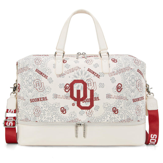 Oklahoma Sooners Duffel Gym Bag with Trolley Sleeve, OU Overnight Duffel Bag for Sport Fan Gifts | Beige, NC-OU008BG